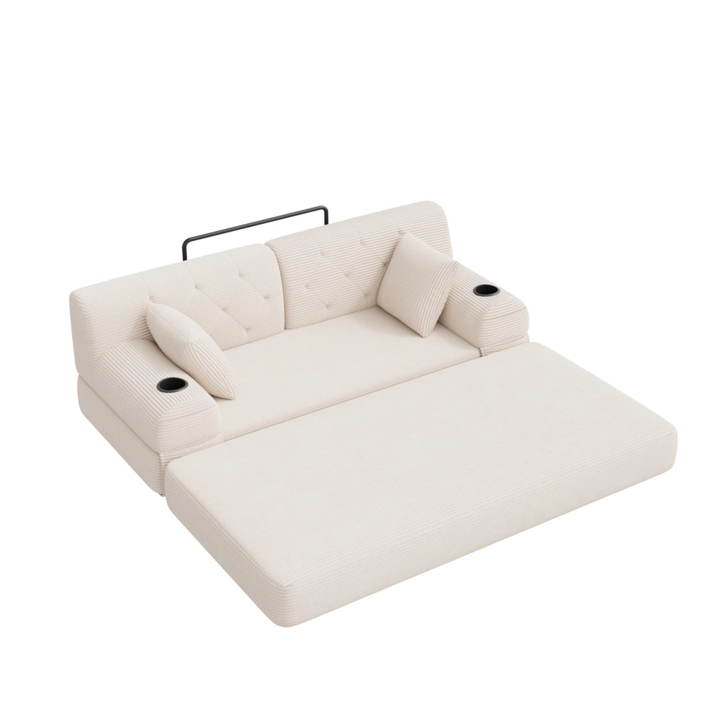 Divano letto compatto a 2 posti in velluto a coste beige con schienale alto e portabevande