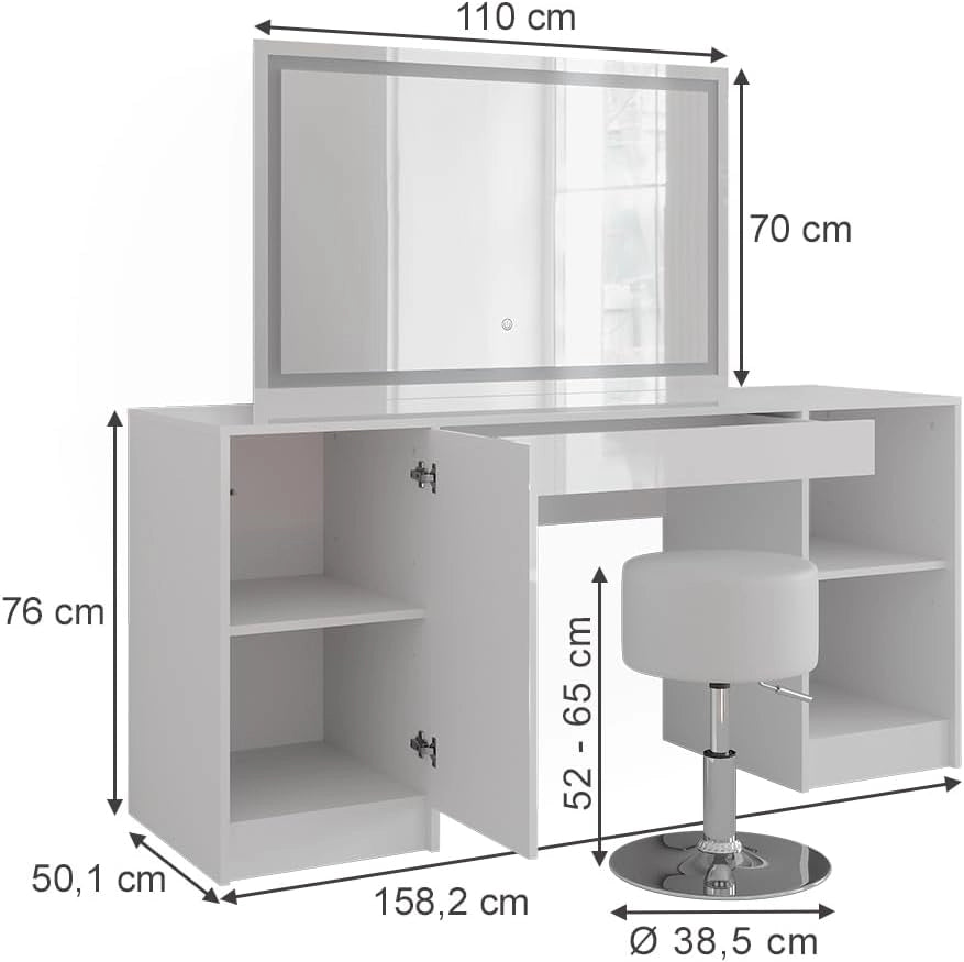 Tavolo da toeletta Sherry, Bianco/bianco lucido, 158.2 cm con specchio LED e sgabello