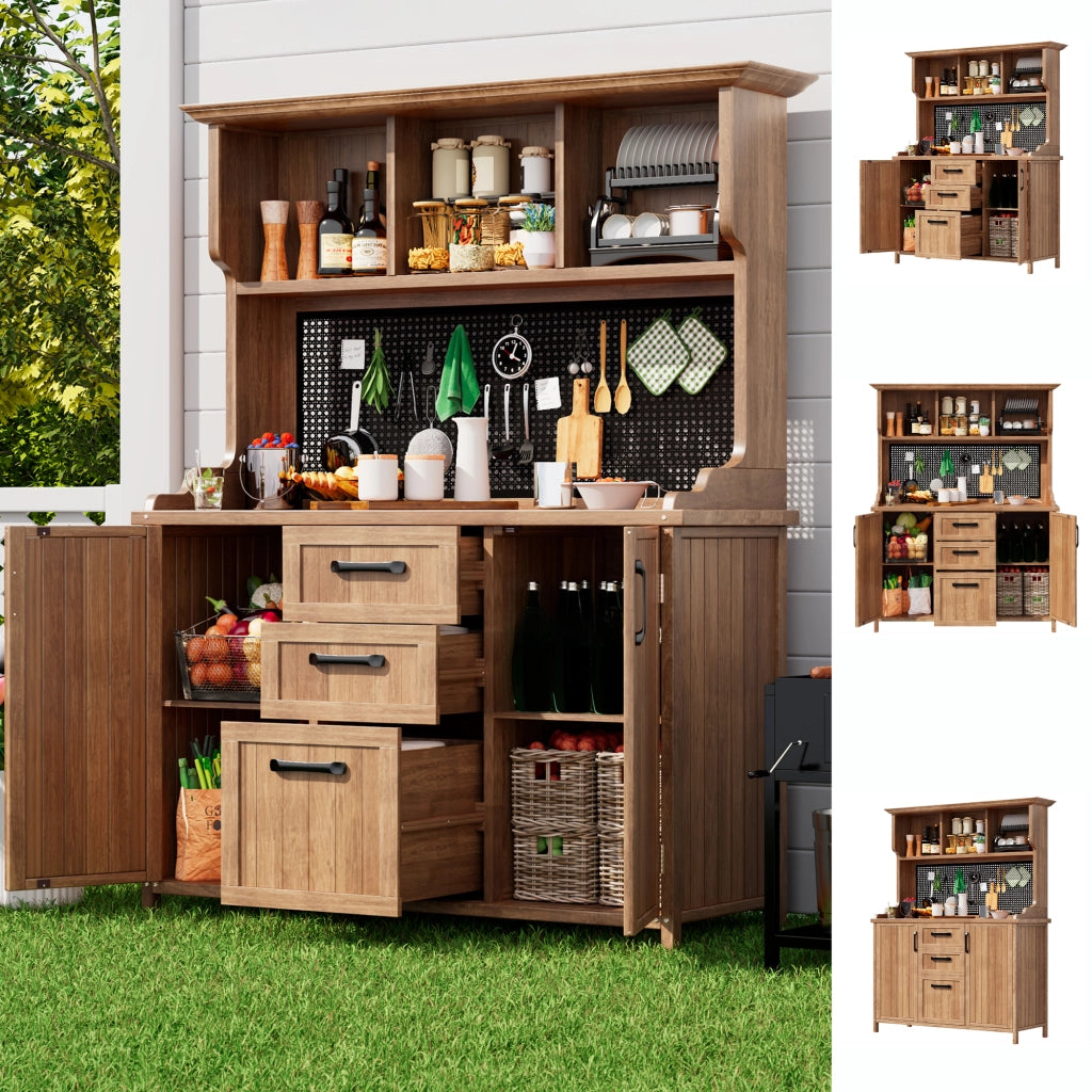 Armadio da giardino in legno; mobile per utensili da giardino in legno di abete massiccio – mobile in piedi con 3 cassetti; 3 scomparti; parete metallica perforata e mensole regolabili; per terrazza; balcone