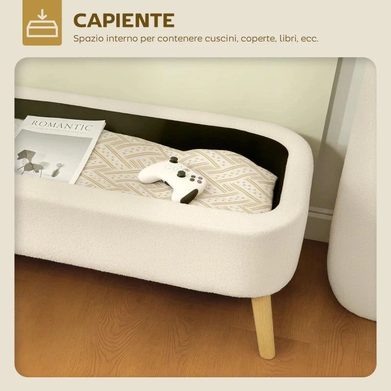 PANCA CONTENITORE DA 65L IN TESSUTO TEDDY E GAMBE IN LEGNO, 120X42X45 CM, BEIGE