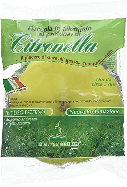 CANDELA ALLA CITRONELLA IN CONFEZIONE DI ALLUMINIO PER USO ESTERNO DURATA 5 ORE 110GR 14CM