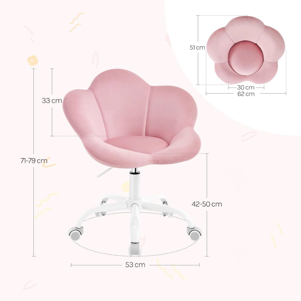 Sedia da Scrivania per Bambini, Sedia Ufficio Ergonomica Girevole e Regolabile in Altezza con Rotelle, Seduta a Forma di Fiore per Studio, Camera da Letto, Velluto, Rosa Pastello