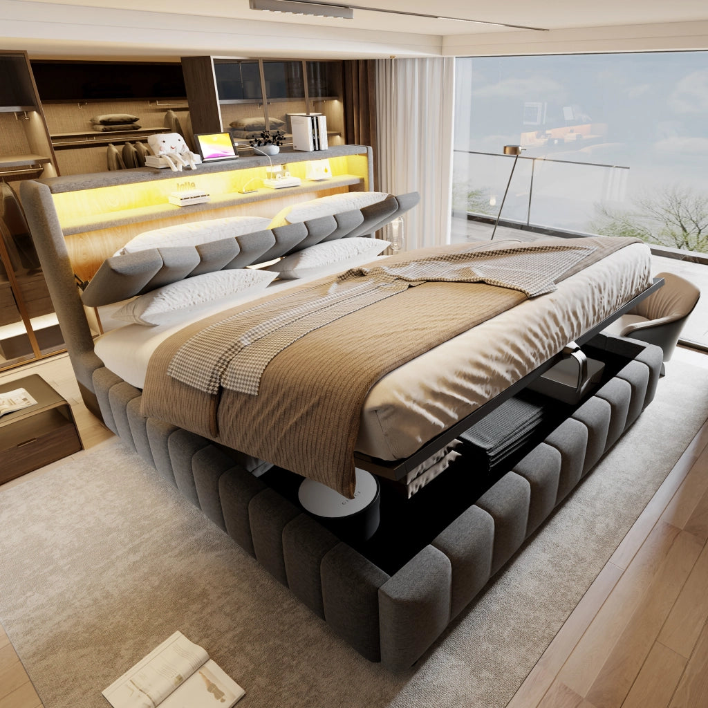 Letto contenitore matrimoniale 180 × 200 cm con sistema idraulico, LED, USB e USB-C, senza materasso, grigio
