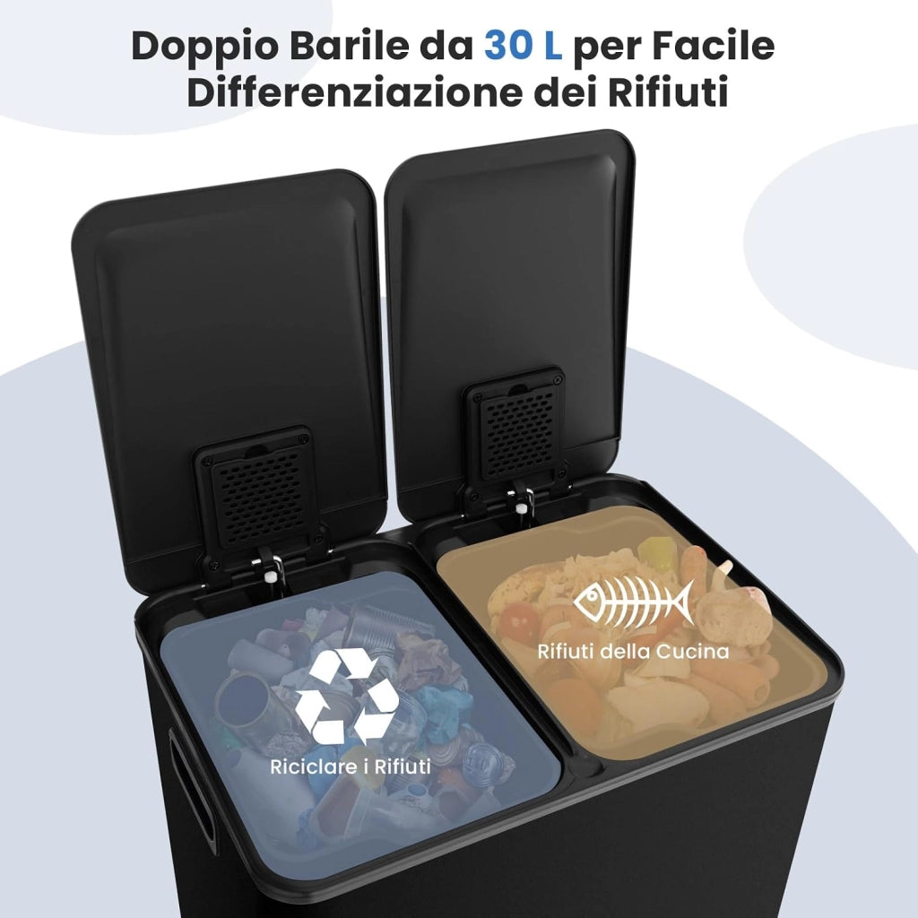 2x30 L Pattumiera Differenziata, Bidoni Differenziata in Acciaio Inox a 2 Scomparti, Anti-Impronte, Secchio Spazzatura con Coperchi a Chiusura Morbida, per Casa Ufficio (Nero)