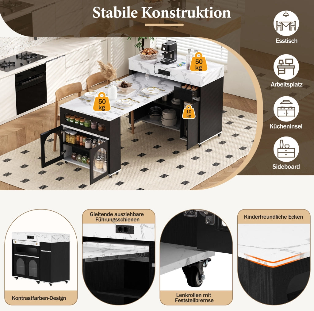 Mobile cucina estensibile nero con prese integrate e ruote