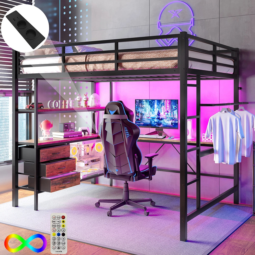 Letto mezzanino 140x200cm - Xylo - nero, LED telecomando, USB, 3 cassetti, EN747