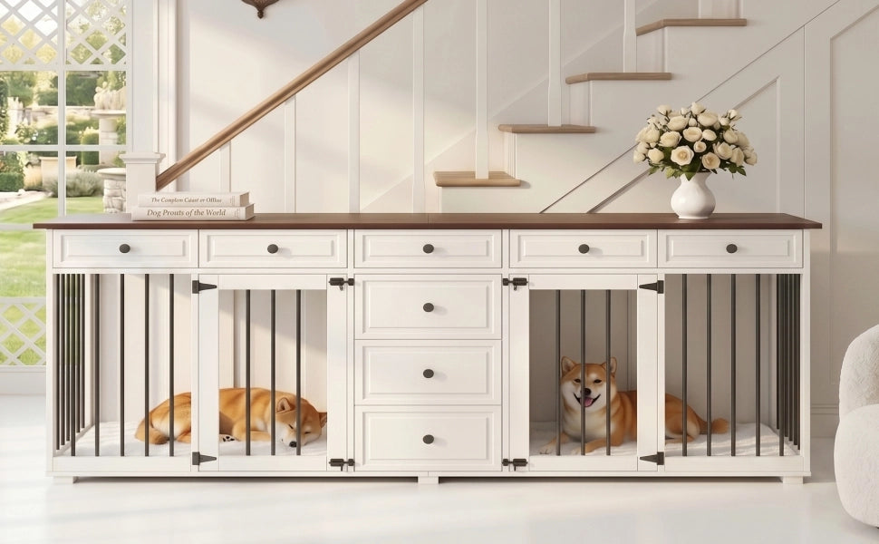 Mobiliario per cani da interno con 8 cassetti, struttura in MDF e metallo, 200 x 60 x 85 cm, bianco e piano noce