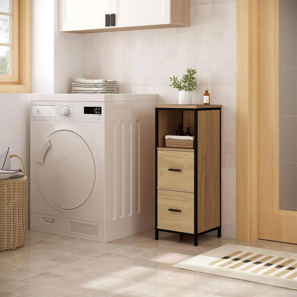 Mobile da Bagno a Terra, Mobiletto da Bagno a Colonna, 1 Scomparto Aperto e 2 Cassetti Estraibili, per Salotto, Camera, Cucina, in Legno e Metallo, 30x30x80cm, Nero+Rovere Chiaro