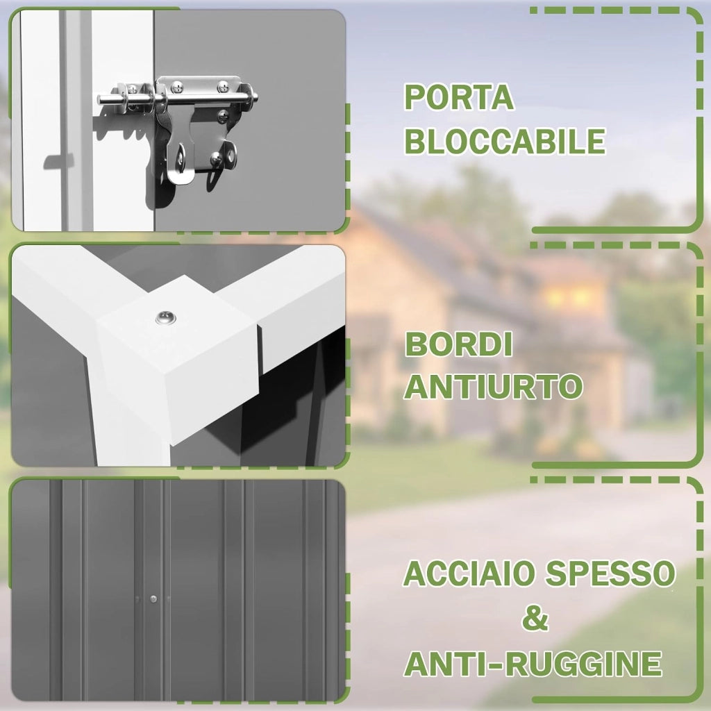Casetta da giardino in metallo 96 x 98 x 160 cm, capannone da giardino con tetto a falde, robusto e inossidabile, guanti da lavoro inclusi, porta girevole bloccabile, piccolo capanno da
