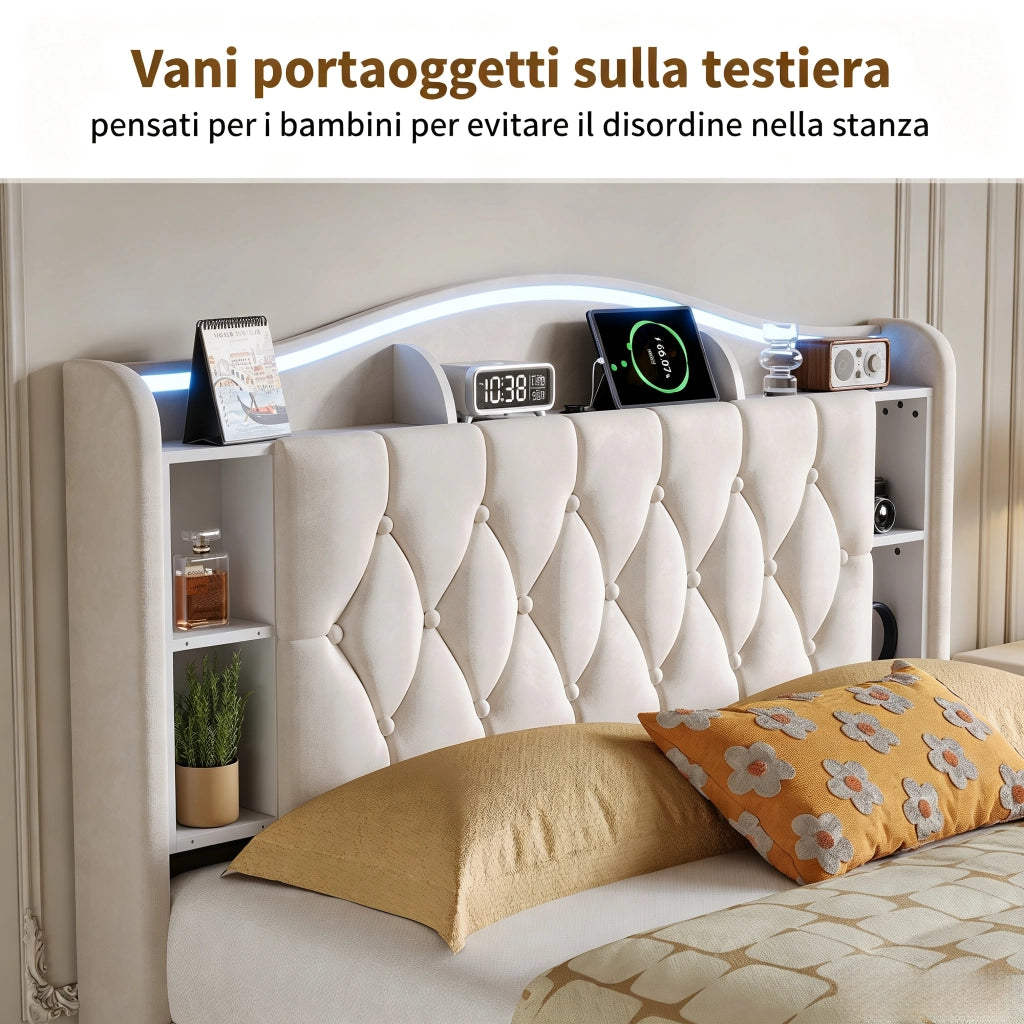 Letto matrimoniale 160x200 cm con contenitore LED RGB USB testiera rete a doghe velluto metallo legno - beige