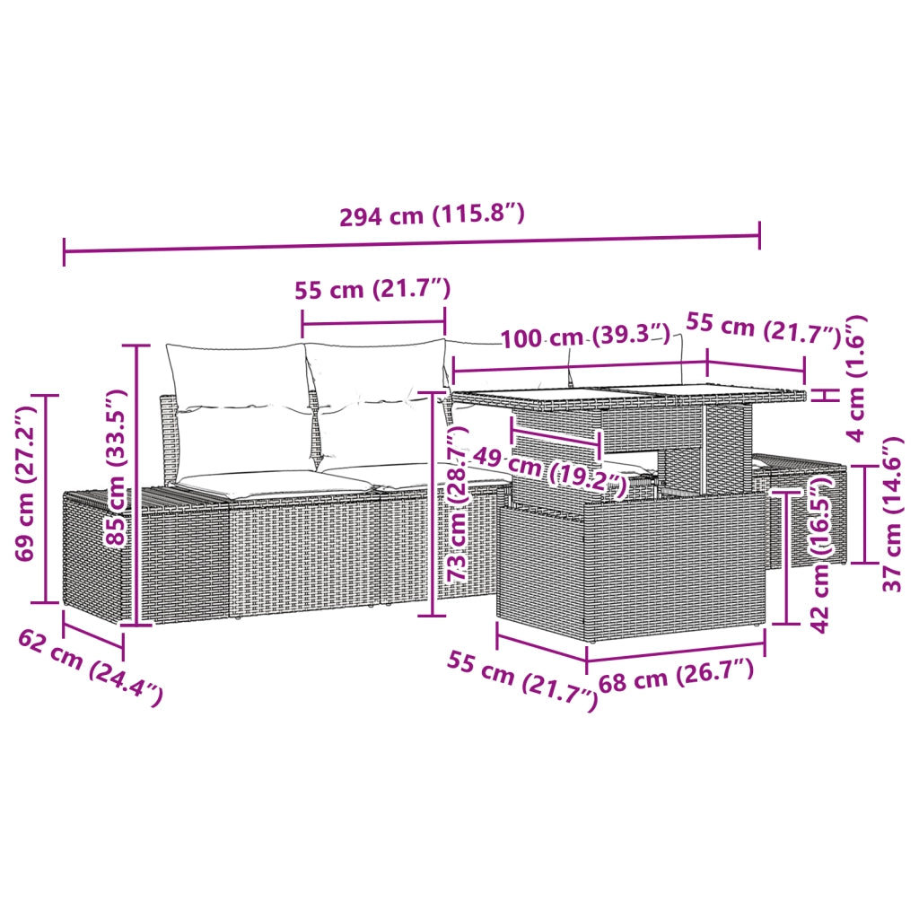 Set divano da giardino da 5 pezzi con cuscini Marrone Polyrattan