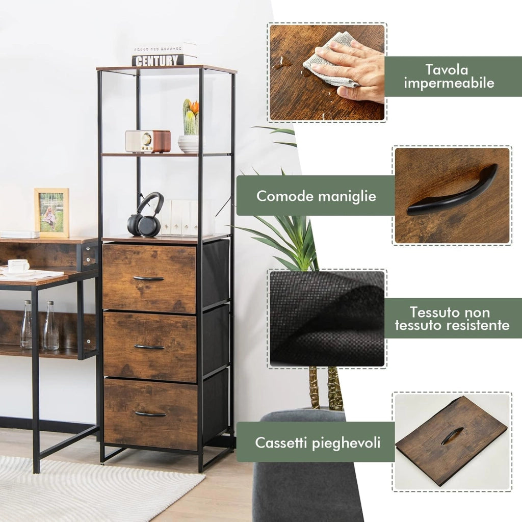 Libreria Multifunzionale, con 3 Ripiani Aperti e 3 Cassetti in Tessuto, con Struttura in Acciaio e Dispositivo Antiribaltamento, Libreria per Soggiorno Studio Camera da Letto, 43x39x156cm