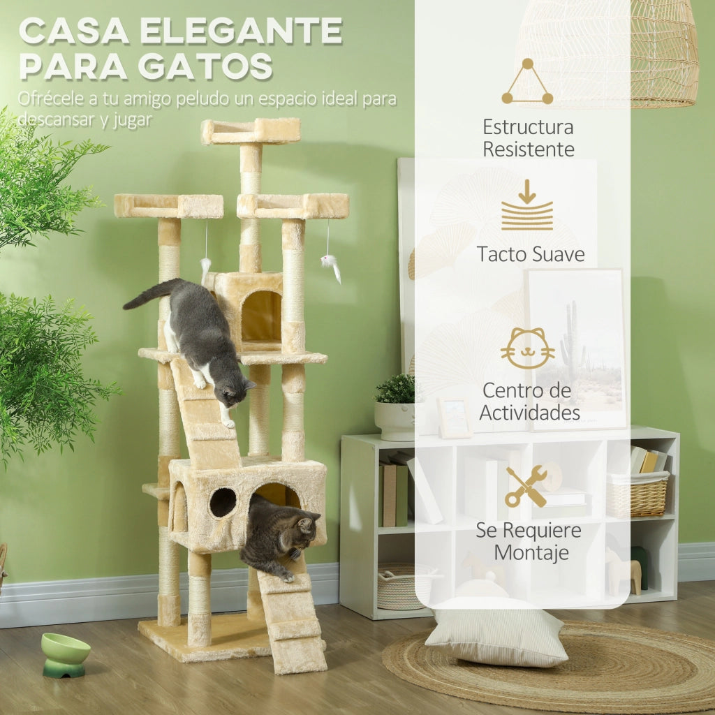 Albero tiragraffi per gatti con 2 tane e 3 lettini ¨C zephmum ¨C 173 cm beige