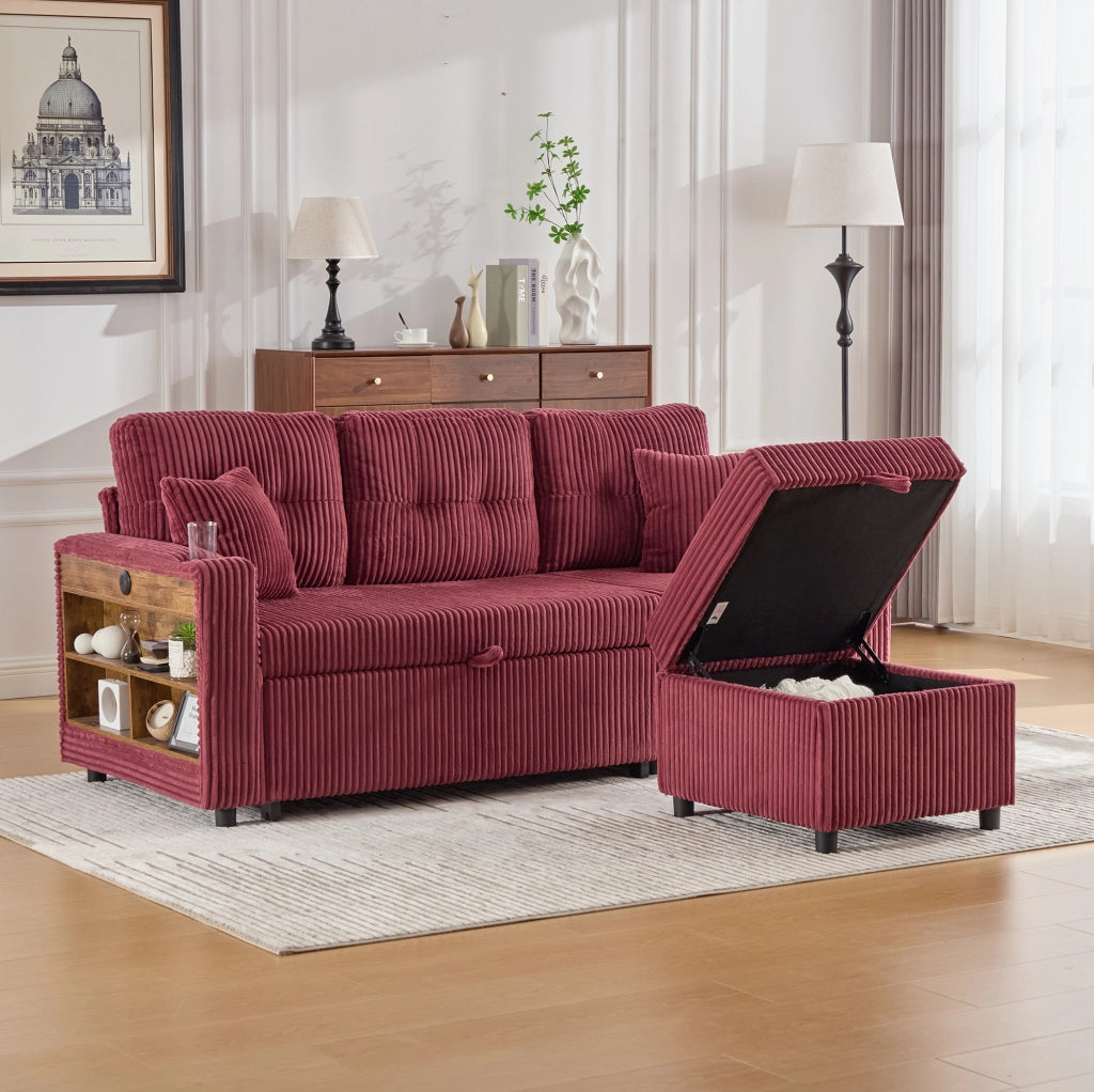 Divano letto 196x82-144x85 cm con contenitore; USB-C; LED e braccioli con portabicchieri in corduroy vinaccia