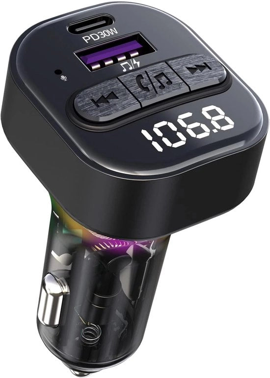 Radio Bluetooth per Auto con Caricatore Rapido, Ricevitore Bluetooth, Trasmettitore FM, Accendisigari con Caricatore Rapido