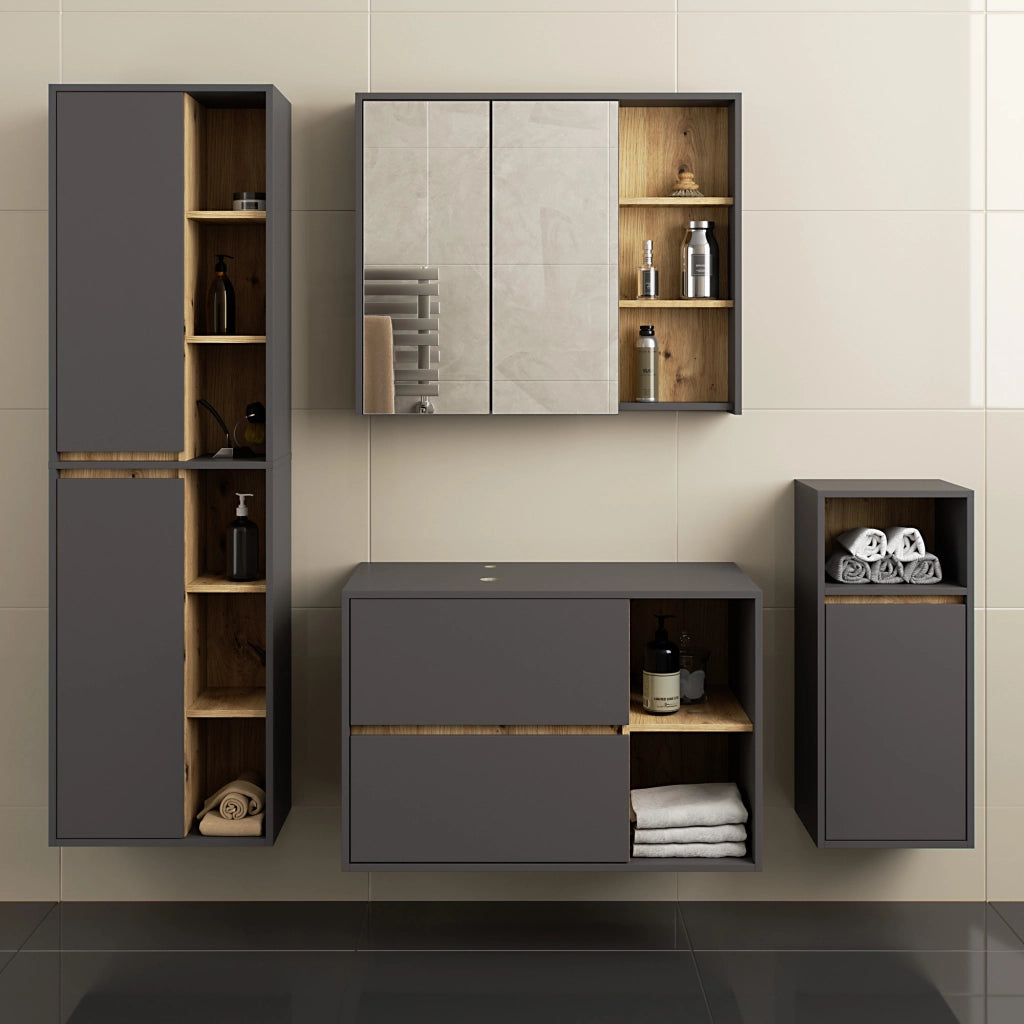 Set di mobili da bagno sospesi VAMI in Grigio Grafite con interno Rovere Artisan con fori per lavabo da appoggio