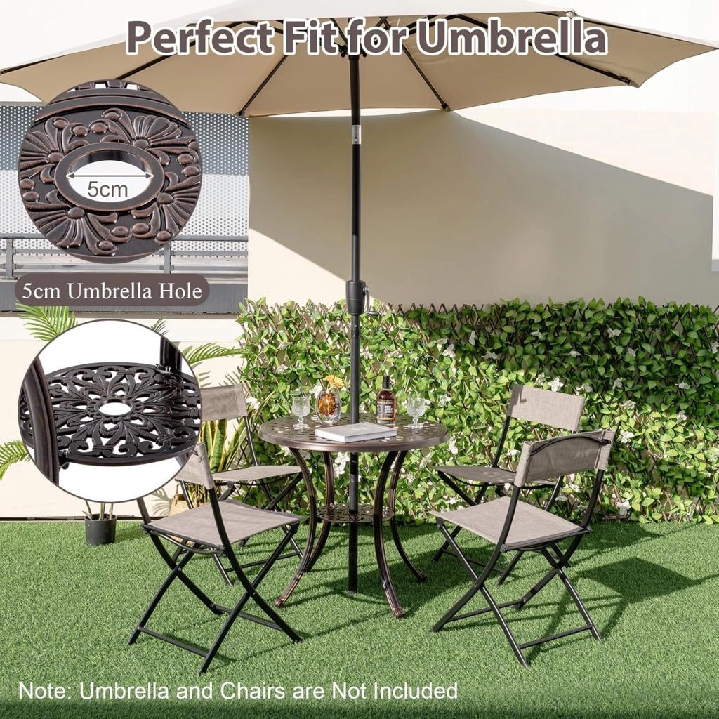 Tavolo da giardino rotondo con foro per ombrellone, tavolo da balcone con ripiano inferiore e piedini regolabili, tavolo da bistrot con alluminio pressofuso, tavolo da pranzo per balcone