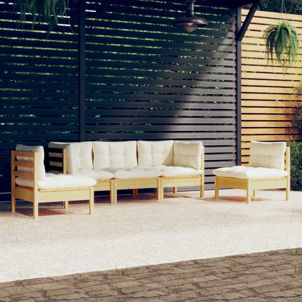 Set Divani da Giardino 5 pz con Cuscini Crema in Massello di Pino 3096184