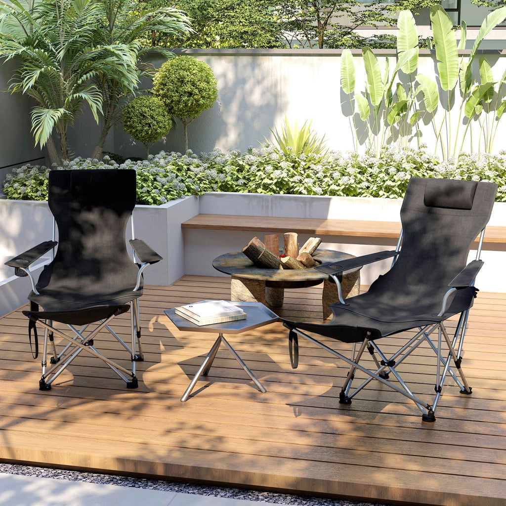 Set 2 Sedie Pieghevoli 82x50-100x88 cm con Poggiapiedi e Portabicchieri Nero