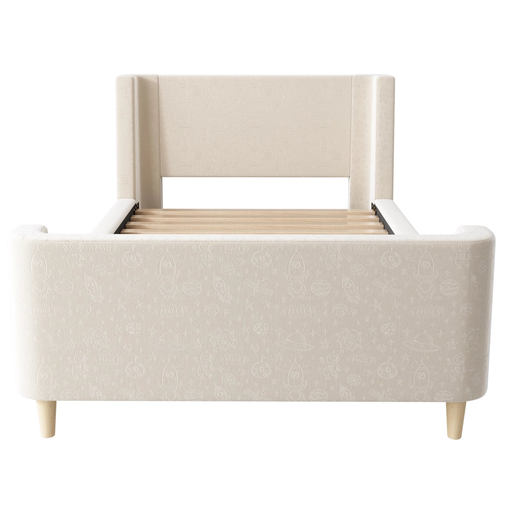 OKWISH Letto Bambini Singolo 90×200 cm con Motivi Spazio, Testiera Imbottita e Rete a Doghe, senza Materasso, in Velluto, Beige