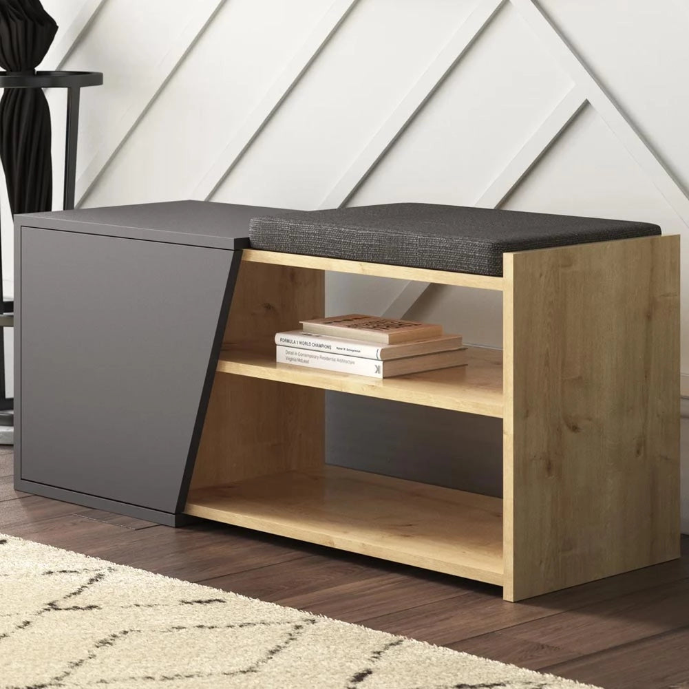Panca con Scarpiera da Ingresso 104x37x47 cm con 2 Ripiani Porta Scarpe Anta e Cuscino in MDF Grigio
