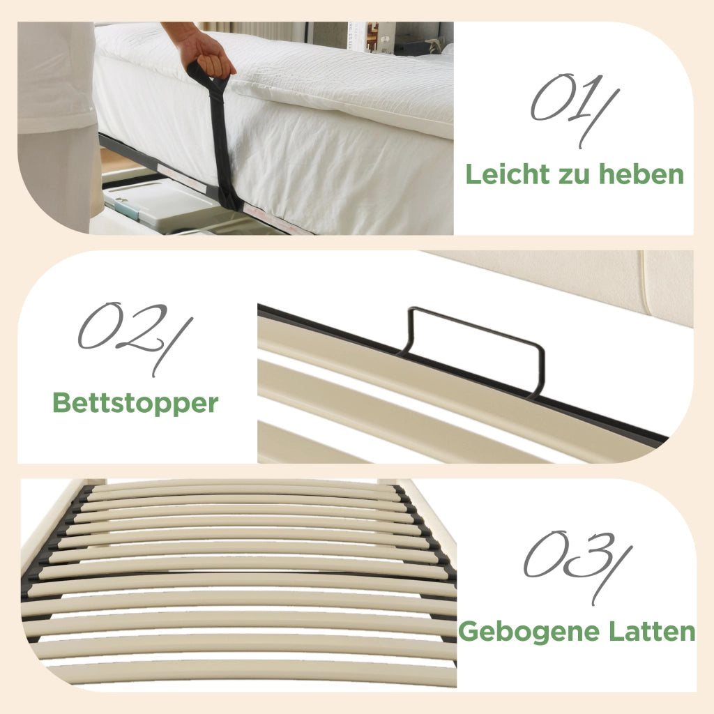 LETTO contenitore 90x200 cm in velluto beige con materasso incluso, LED e USB/Type-C