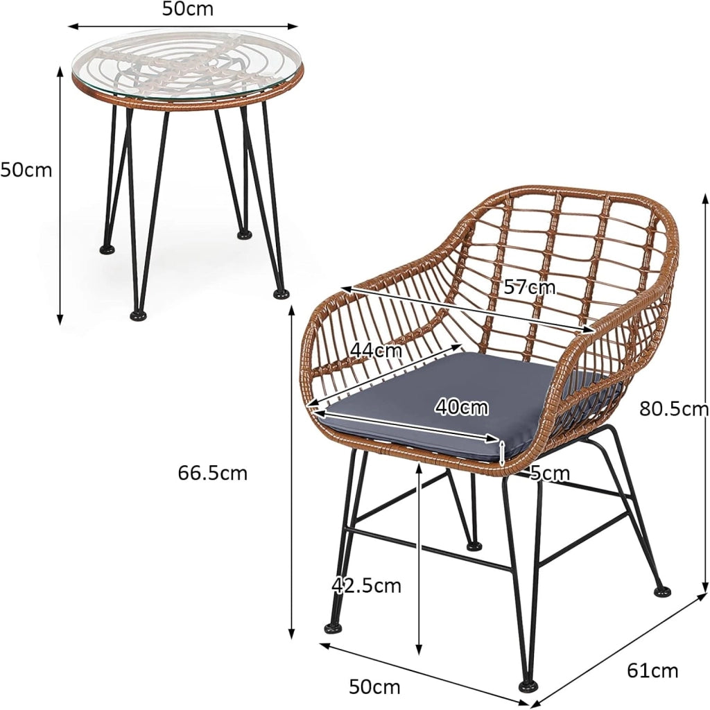 Set di Bistro di Conversazione per Patio, Set di Mobili in Rattan 3 Pezzi con Tavolo Rotondo & 2 Poltrone con Cuscini per Patio, Giardino, Terrazza, Balcone