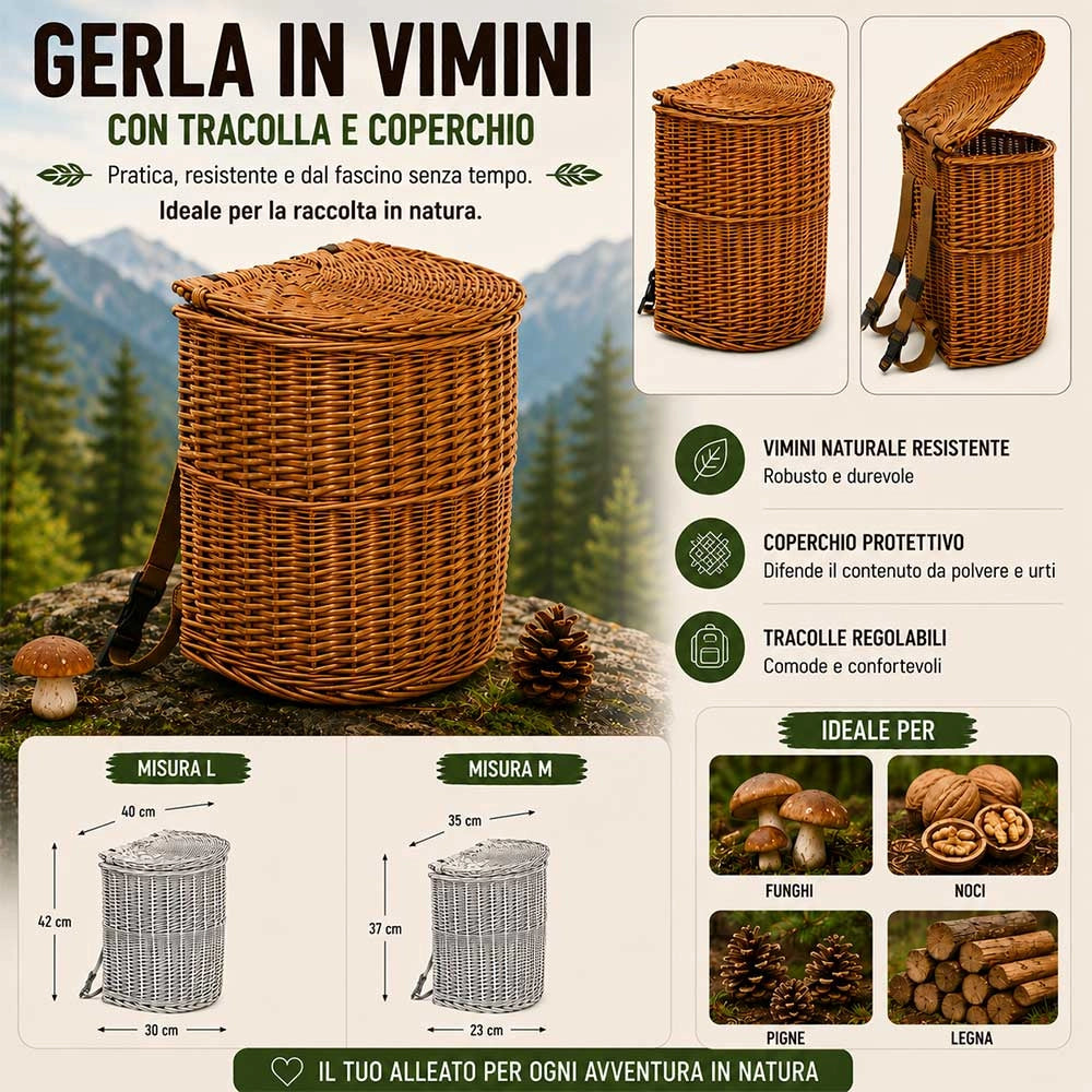 Gerla Zaino Vimini con Coperchio e Tracolle 40x30 h42 Funghi Castagne Noci Bosco