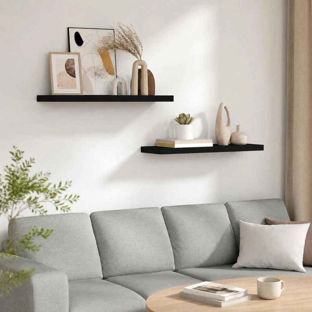 Floating Shelves, 2 Pieces, Black, 80x23.5x3.8 Cm, MDF