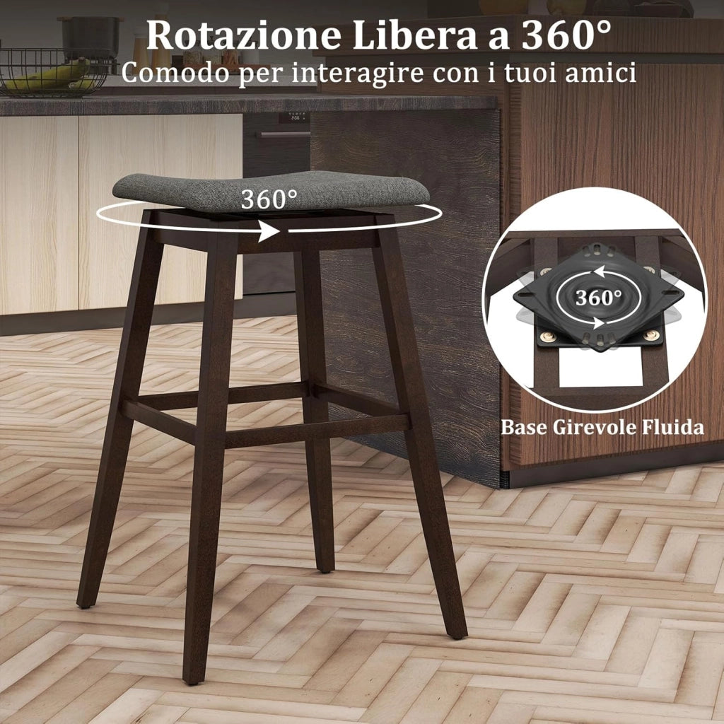 Set di 2 Sgabelli da Bar Girevoli, Sedie Ergonomiche in Tessuto di Lino con Seduta Imbottita, Poggiapiedi e Gambe in Legno di Gomma, Portata 140 kg, per Isola Cucina, Soggiorno e Pub