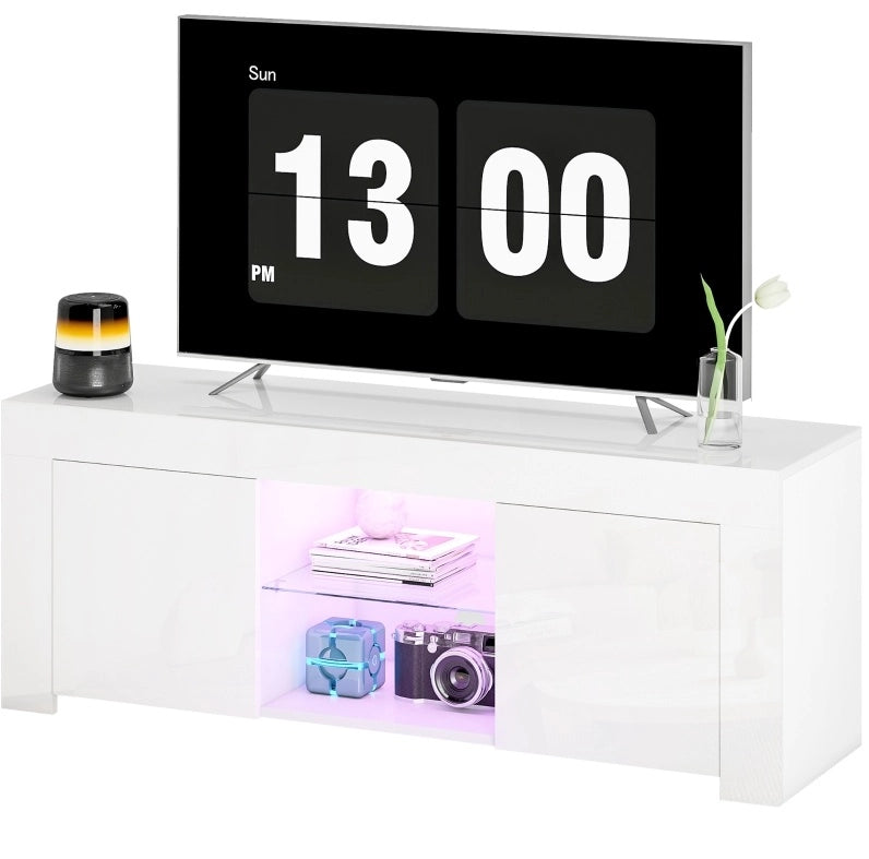 Mobile TV 120x34x45 cm con luci LED RGB; ripiano in vetro; bianco