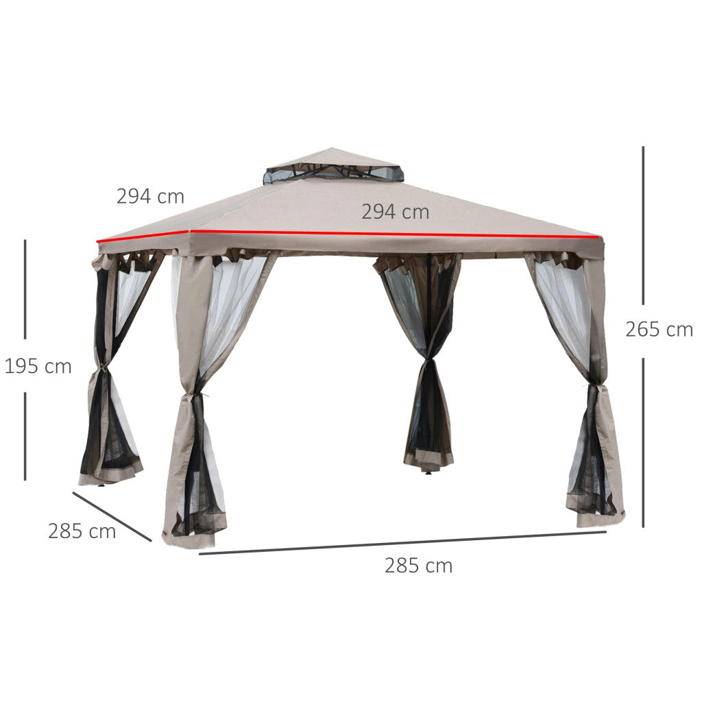 Gazebo Da Giardino Con 4 Pareti Laterali 294 X 294 X 265 Cm Poliestere Grigio Per Feste Outdoor Con Doppio Tetto