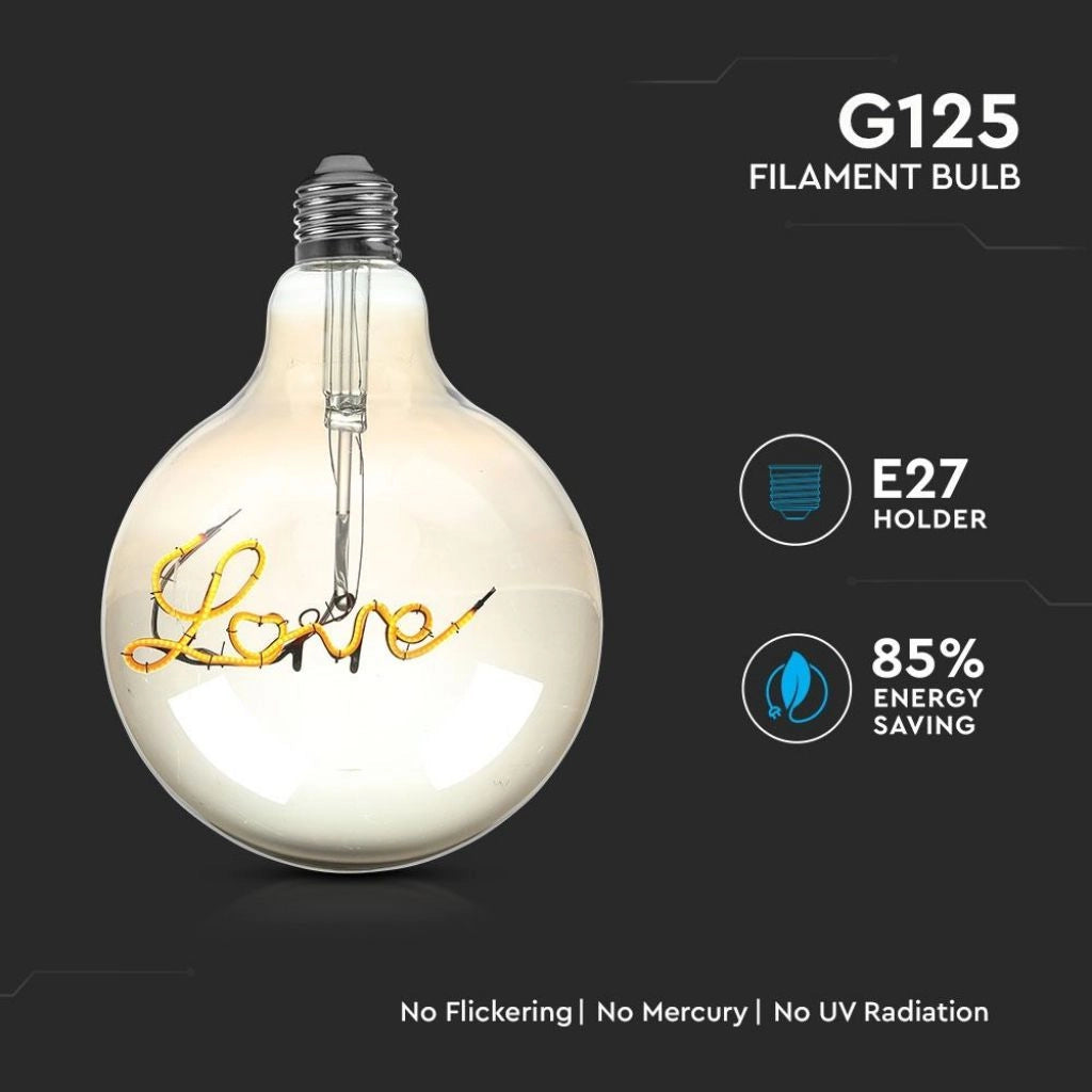 Lampadina LED E27 5W G125 Filamento Ambrato Scritta Love 2200K