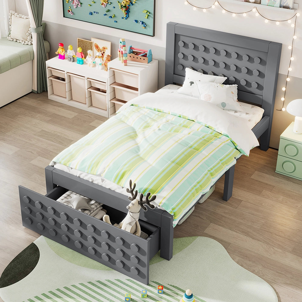 Letto bambino-Xylo-90x200 cm-design a blocchi, cassetti, contenitore, grigio, senza materasso