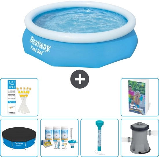 Piscina Opblaasbar Rond Fast Set - 305 x 76 cm - Blu - Inclusa Copertura - Kit Manutenzione - Termometro - Pomp Filtrazione Piscina - 7 pezzi