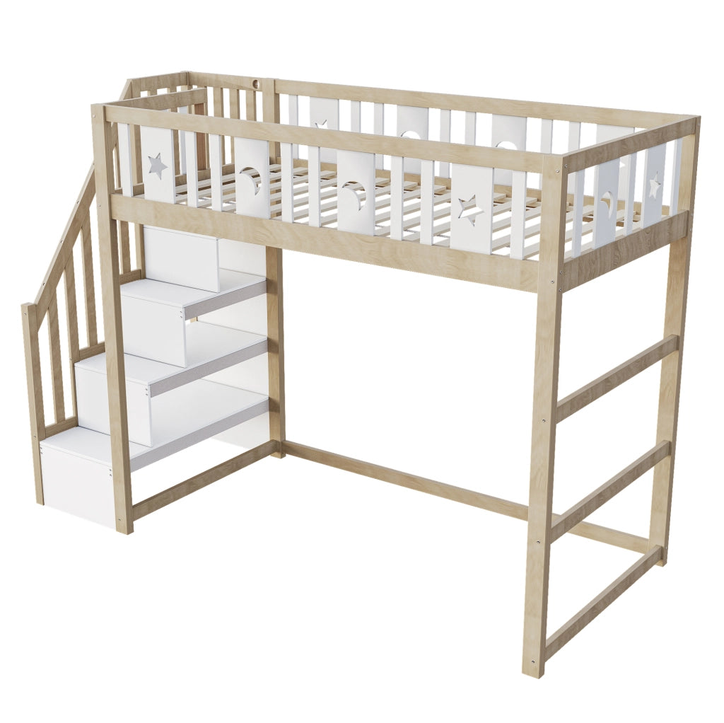 Letto a soppalco 90x200 cm con scala; ripiani e decori luna e stelle in legno naturale e bianco