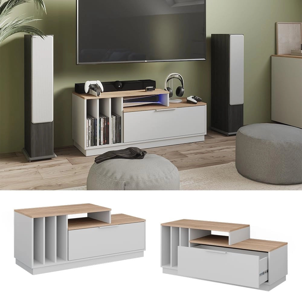 Lavagna Betti, Bianco/Sonoma, 120 x 49.9 cm con 1 porta, adatto per TV fino a 55 pollici e accessori multimediali