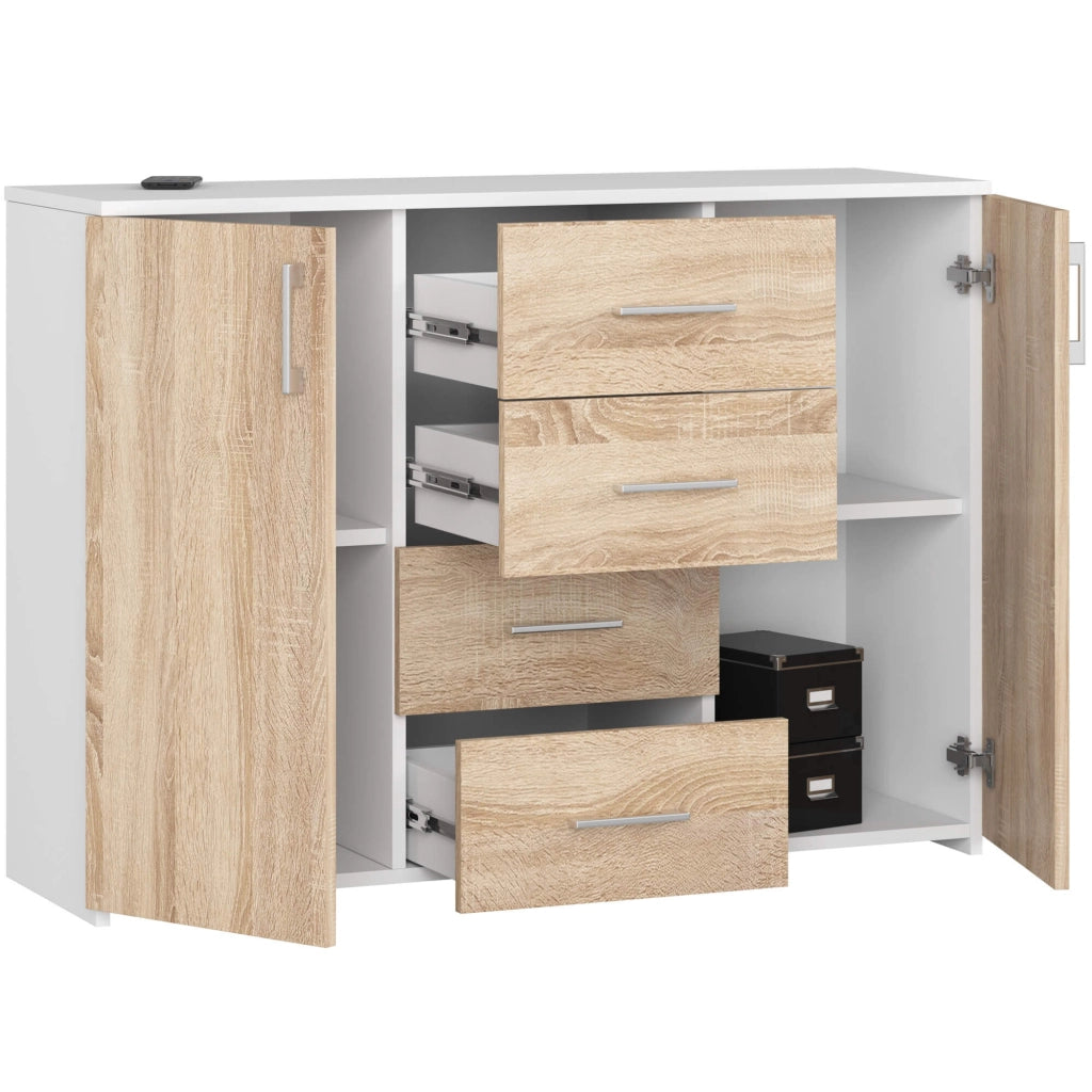 Cassettiera AKORD K45 Cassettiera Bianca 110 cm 2 ante 4 cassetti inserto frontale Sonoma Quercia 110x35x80 cm