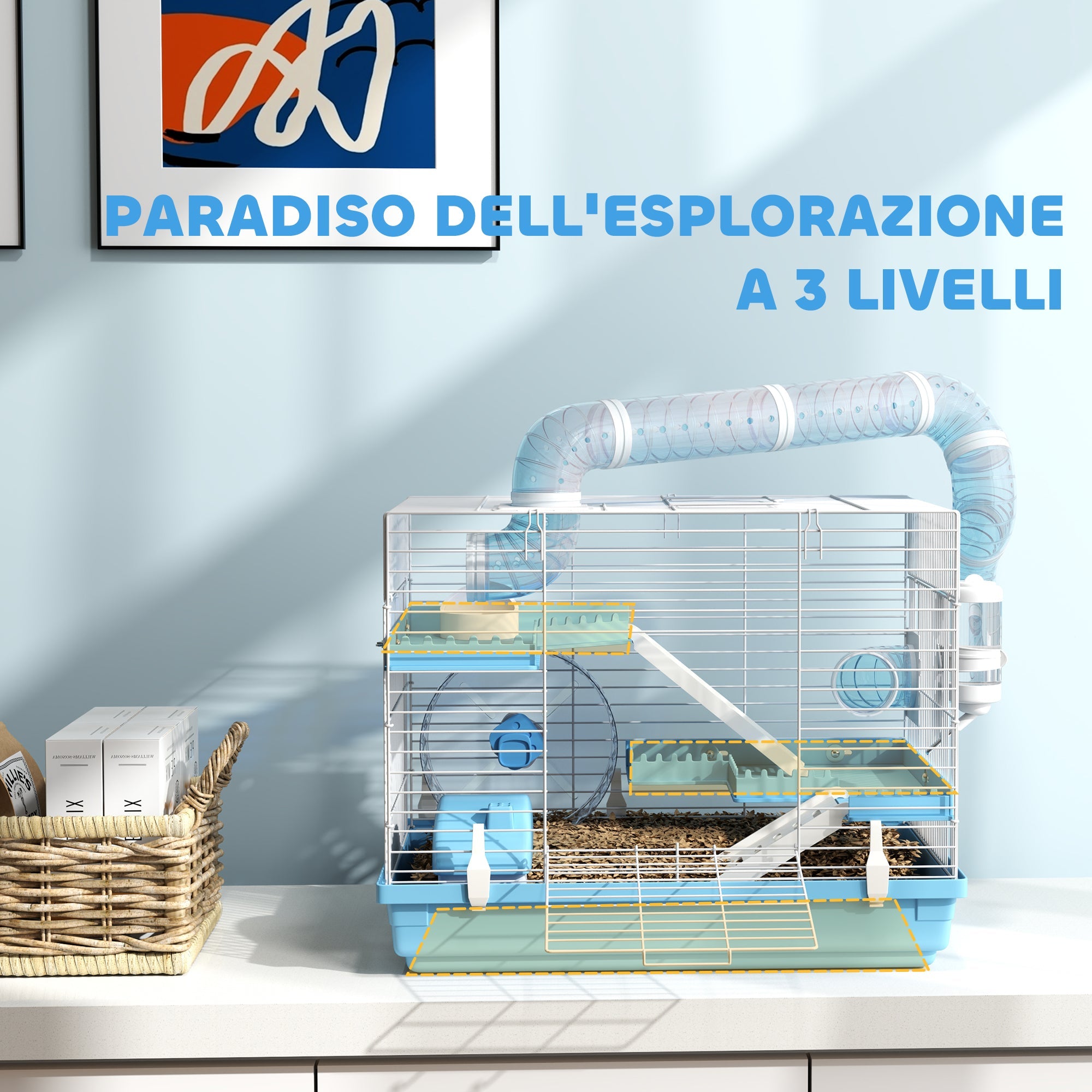 Gabbia per Criceti a 3 Piani 47,5x31,5x29,5H cm con Accessori Azzurro