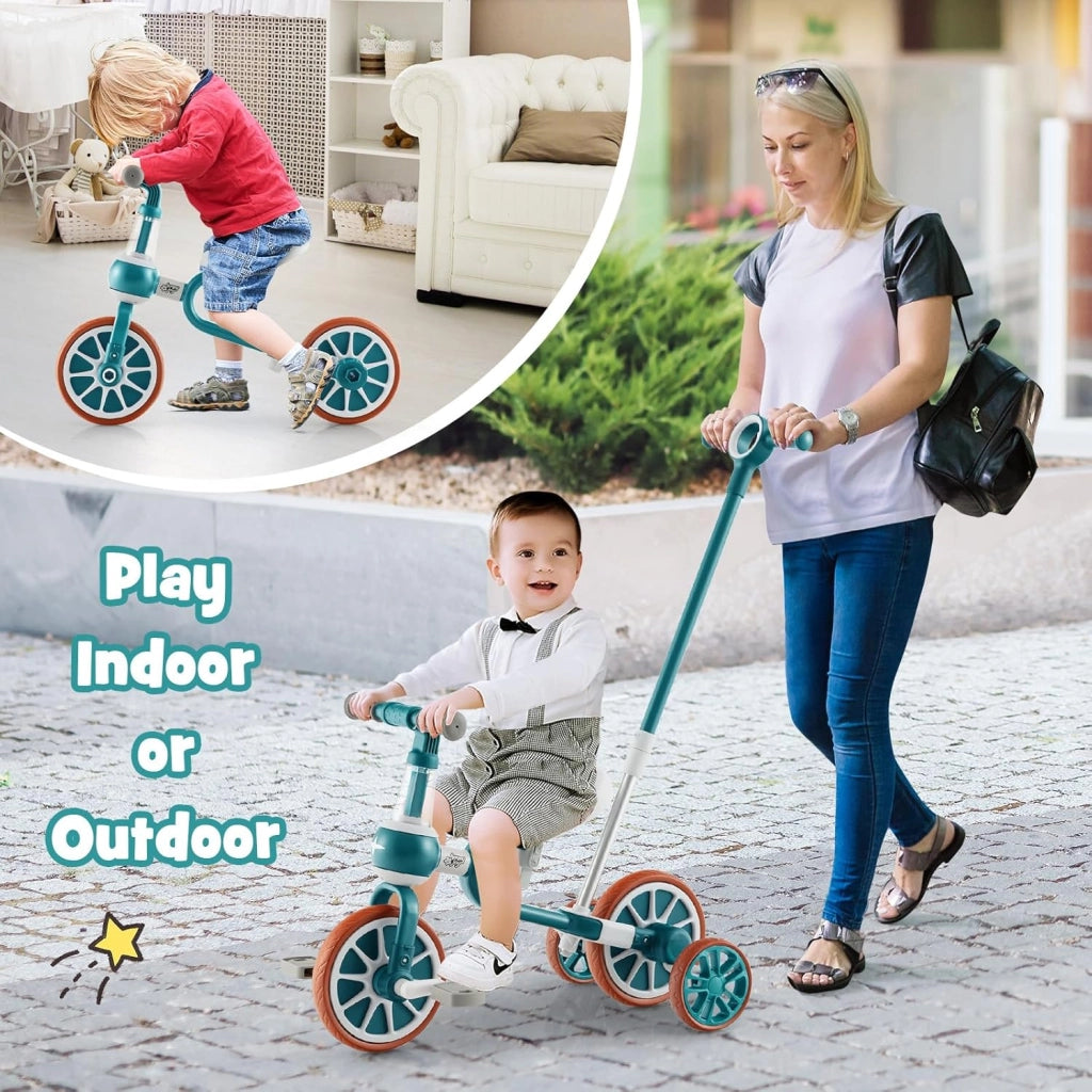 4 in 1 Triciclo Evolutivo per Bambini, Bicicletta Bambini con Manico a Spinta Regolabile in 4 Posizioni, Sellino in 2 Posizioni, Pedali Rimovibili, per Bambini e Bambine da 1 Anno + (Verde)