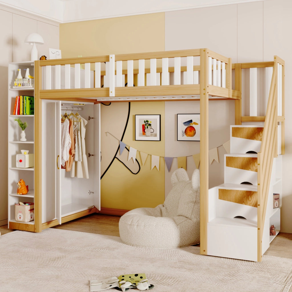 Letto a soppalco 90x200 cm con armadio; ripiani e cassetti; legno naturale e bianco