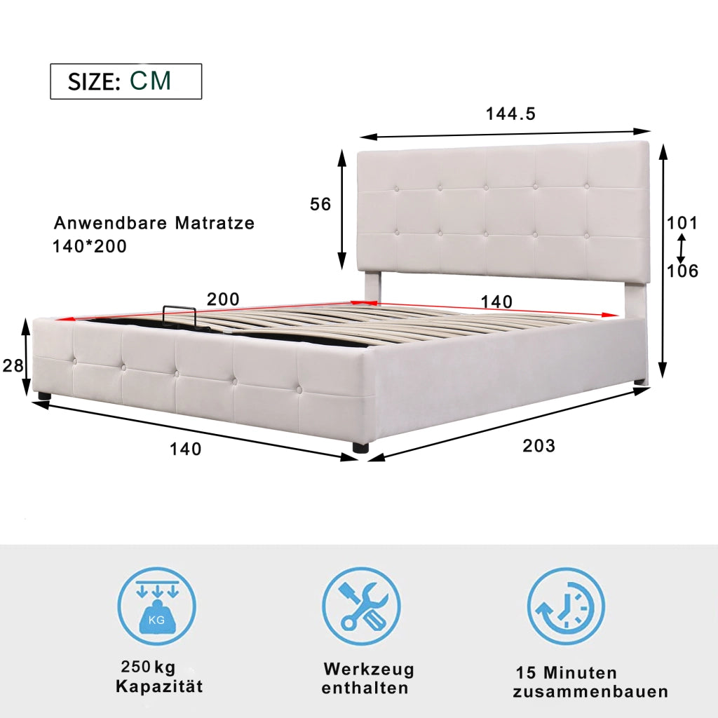 Letti contenitori 140x200 cm; contenitore salvaspazio; velluto; bianco crema (Senza materasso)