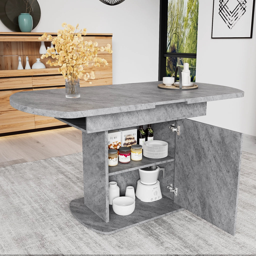 Tavolo da pranzo ovale allungabile con vani contenitore; 2 vani di storage; per sala da pranzo e lavoro; grigio