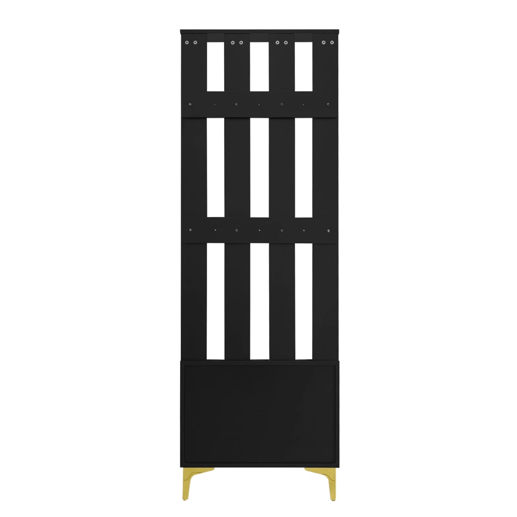 Mobile Ingresso con 2 Ante; Ripiani Regolabili e Panca Portascarpe; Push-to-Open; Nero e Oro; 60;5×35;2×180;5 cm