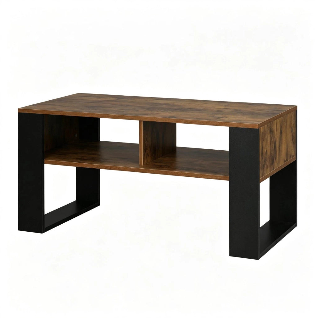 Tavolino da caffè 90 x 45 x 45 cm con 2 vani aperti; nero e marrone rustico