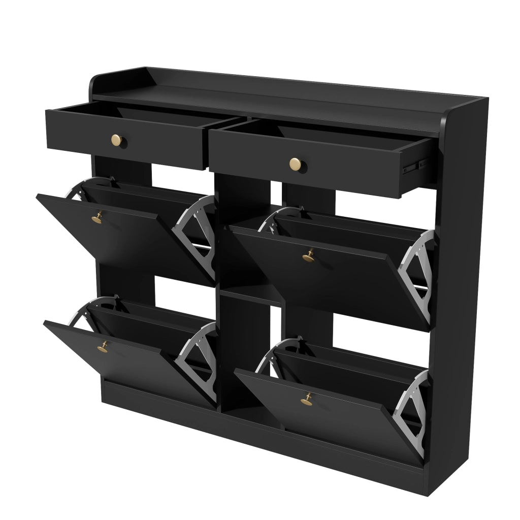 Scarpiera con 4 ante a ribalta, 2 cassetti e 3 vani aperti in pannello truciolare nero 110 × 26 × 100 cm