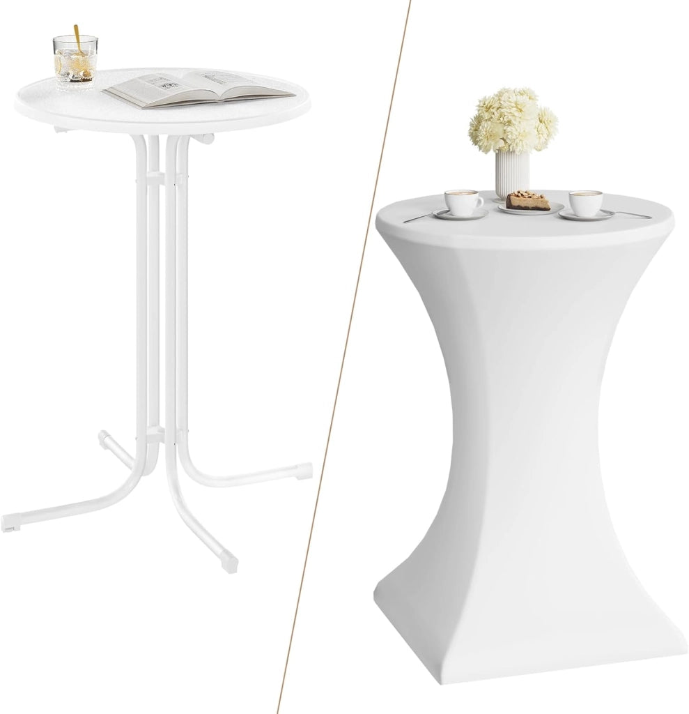 Tavolino da Bar Pieghevole Esterno Rotondo, Tavolo Alto con Copertura per Matrimonio Festa Compleanno, Piedini Regolabile, 80x110 cm, Bianco Opaco
