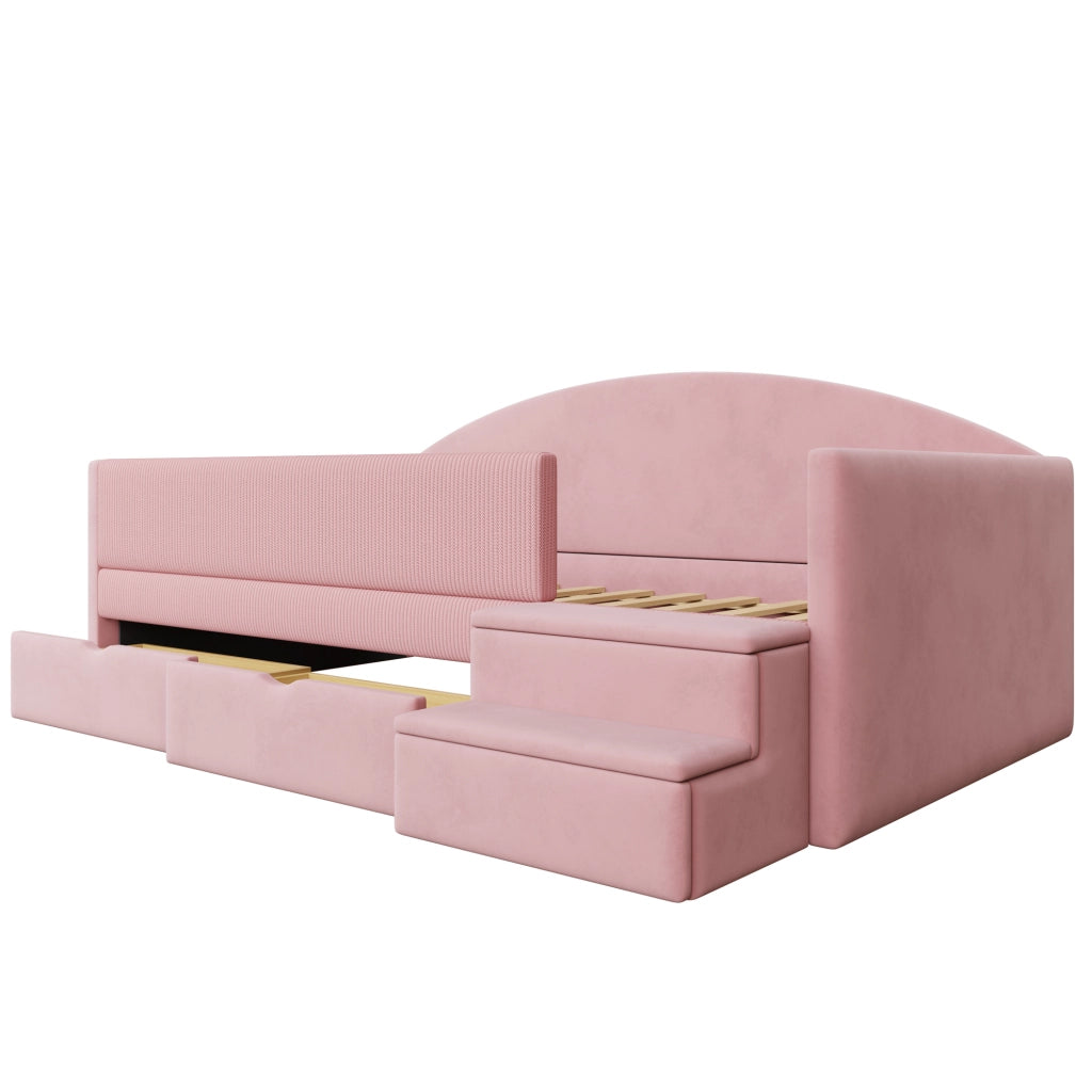 Letto per bambini 90 × 190 cm con 2 cassetti, barriera e scalini, senza materasso, in velluto, rosa