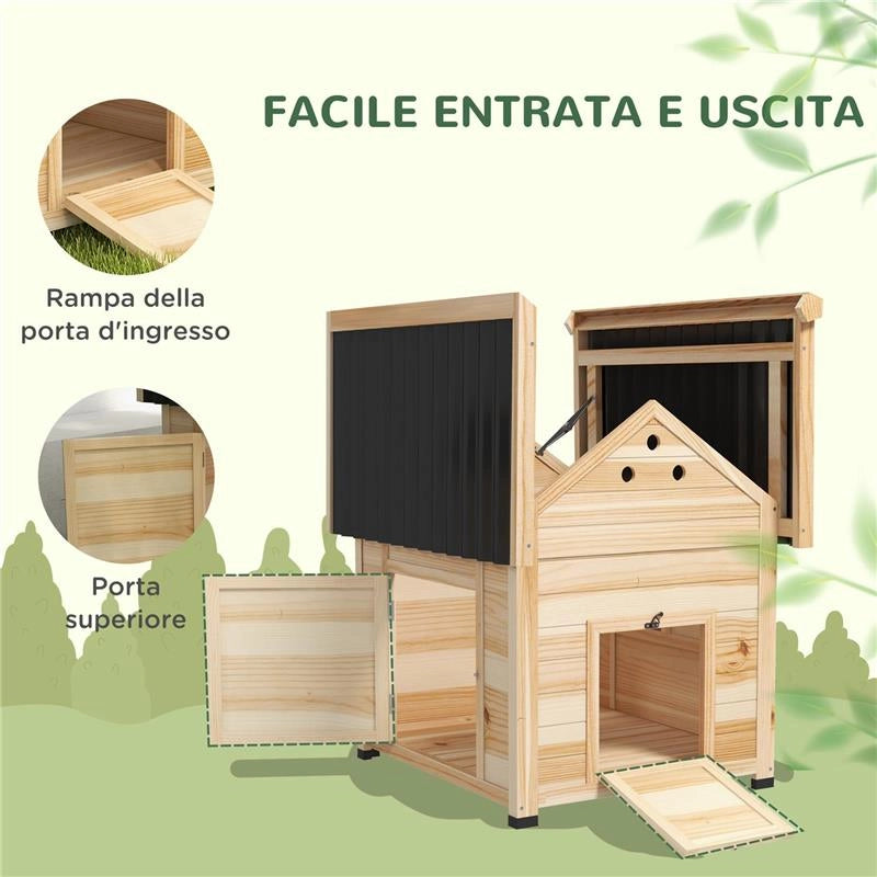 CASETTA PER ANATRE DA ESTERNO CON RAMPA, FONDO RIMOVIBILE E FORI DI VENTILAZIONE, 78X90X92 CM, LEGNO