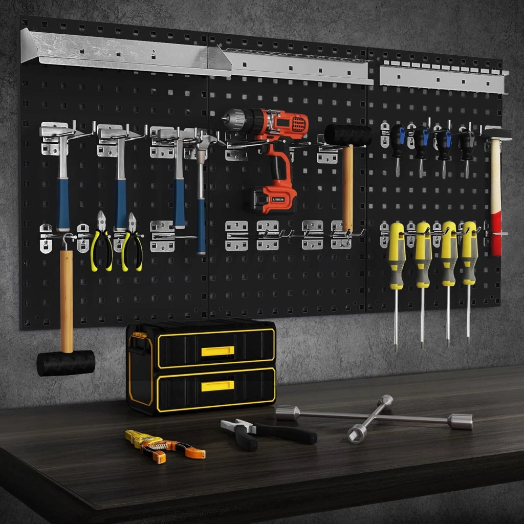 Kit 3 Pannelli Porta Attrezzi da Parete 60 x 40 cm, Pannello Forato Portaoggetti con 24 Ganci e Supporti, Pannello Portautensili per Officina e Garage (Nero)